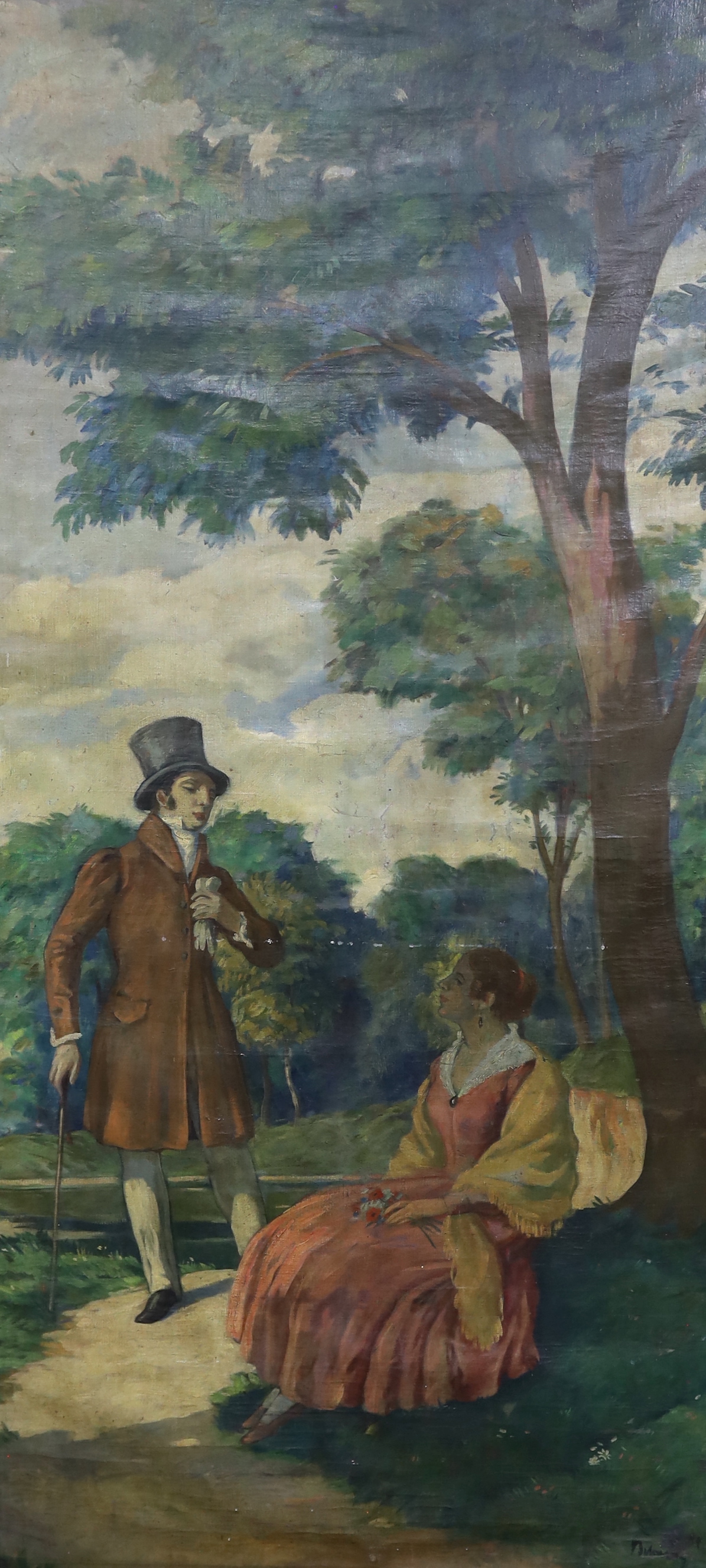 Large 18th century style, oil on canvas, Two figures in a landscape, indistinctly signed lower right, 182 x 89cm